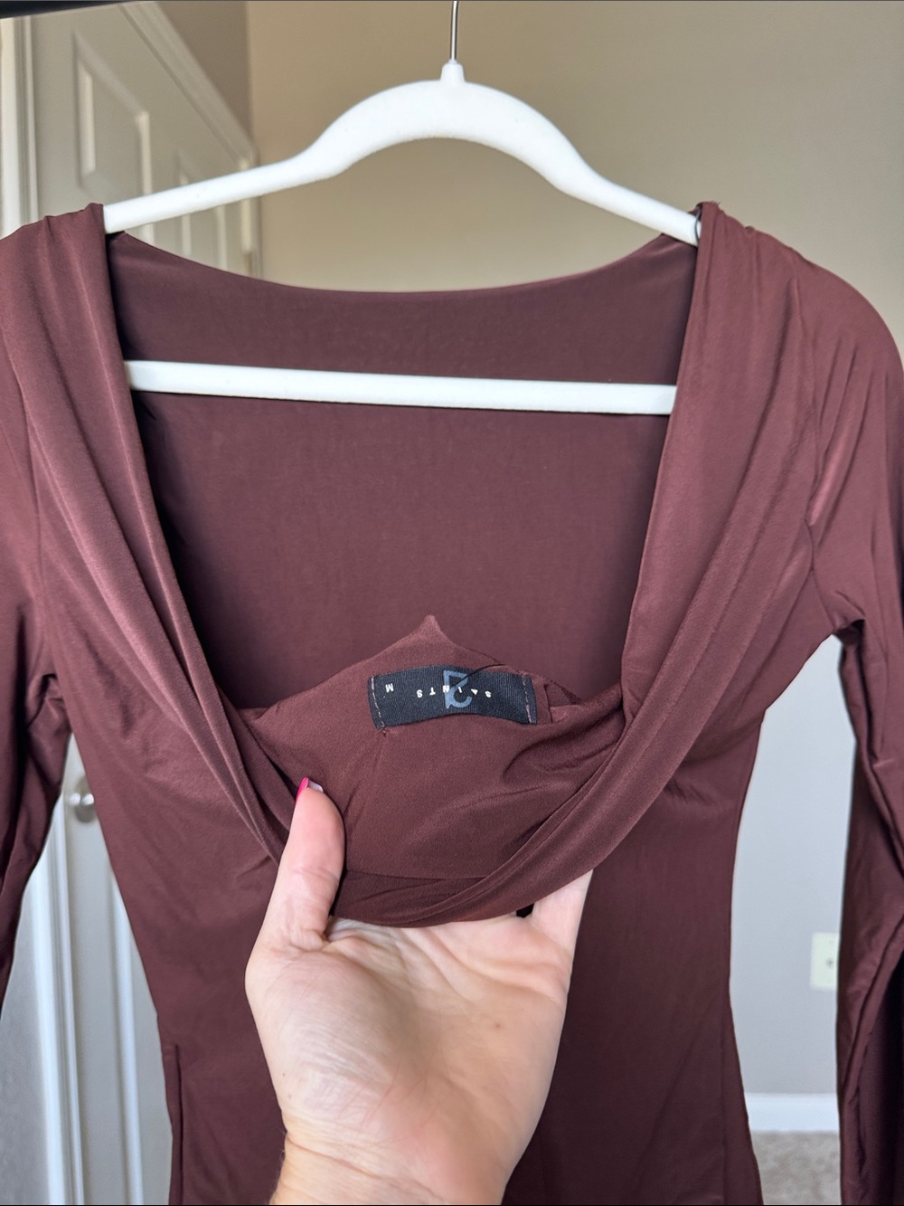 Women’s Long Sleeve Scoop Back Top in Brown - Picture 3 of 6
